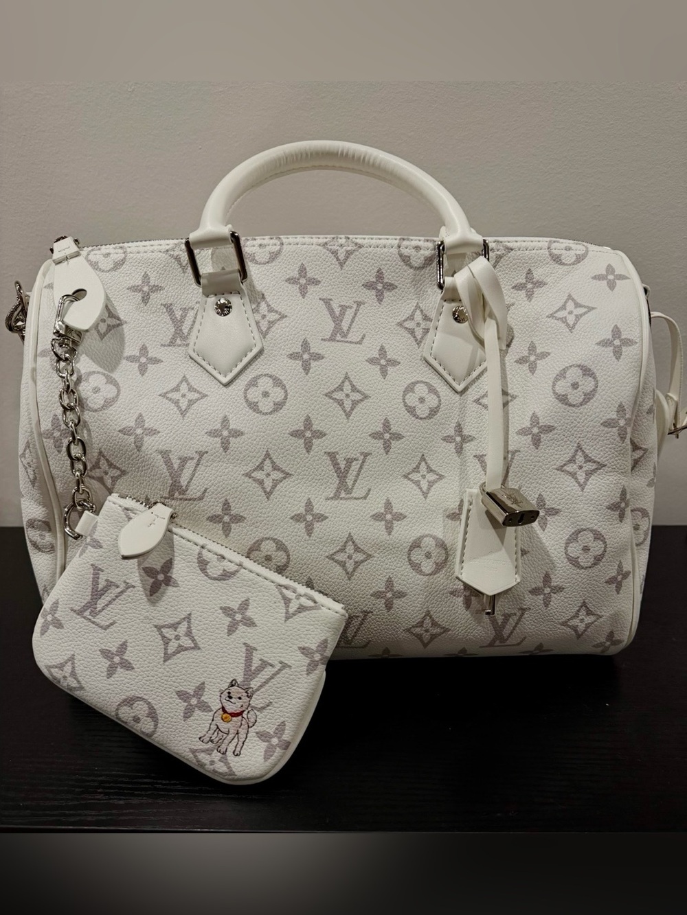 LV Designer White & Light Gray Monogram Satchel with Matching Pouch